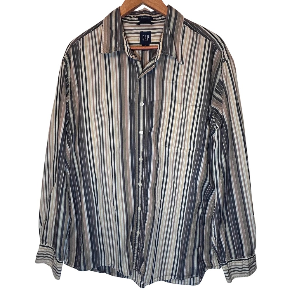 Men's Gap Classic‎ Fit Button-Down Early 2000's Brown Vertical Stripe Size XL
